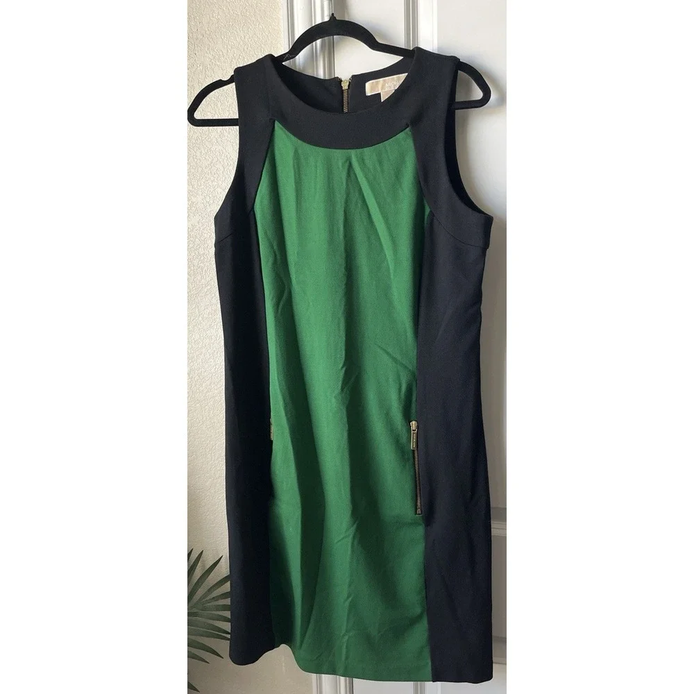 Michael Kors Green Black Colorblock Sheath Dress Gold Zip Pockets L